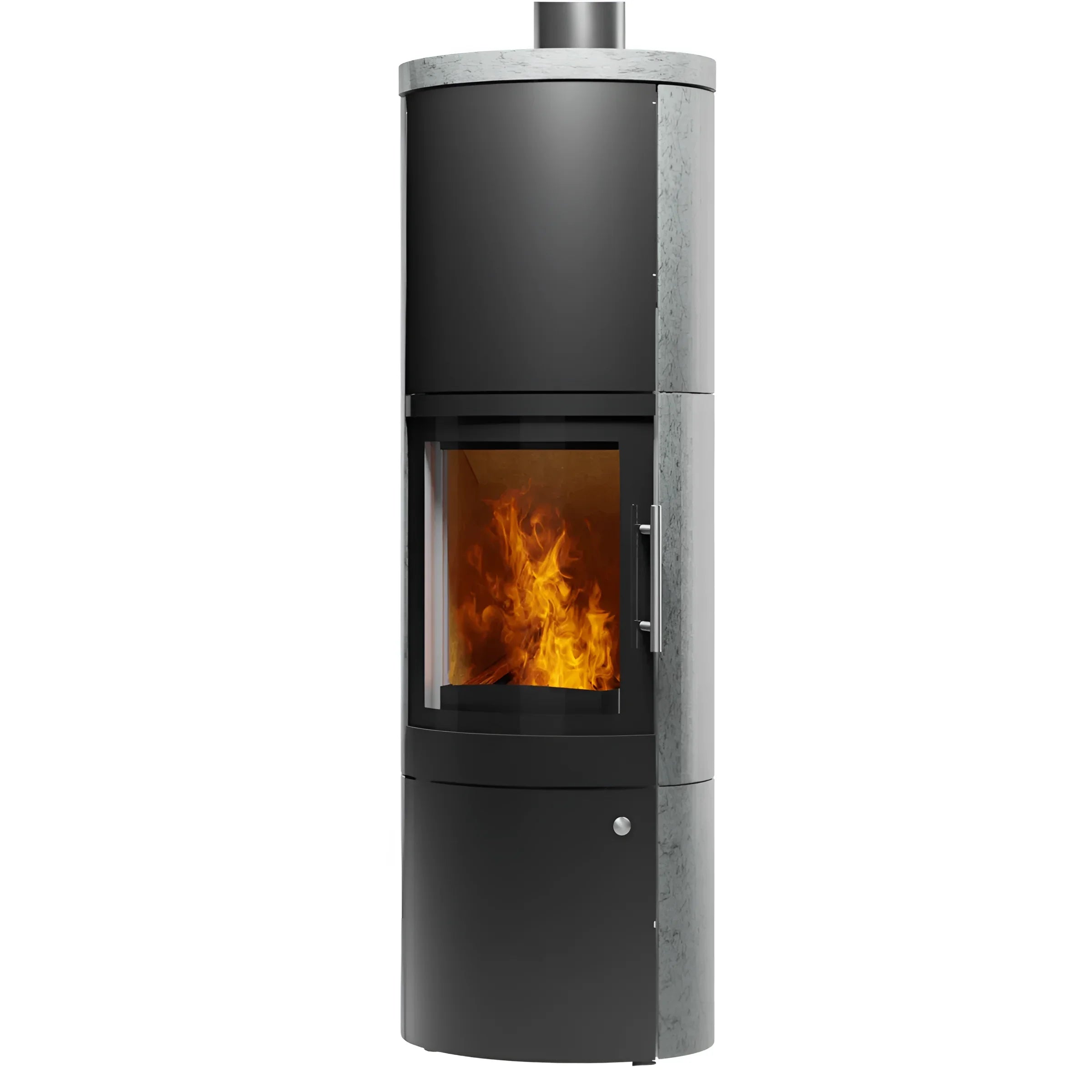Moderne Kaminofen Leo von Königshütte 5 kW mit sichtbaren Flammen und Rauchrohranschluss erfolgt