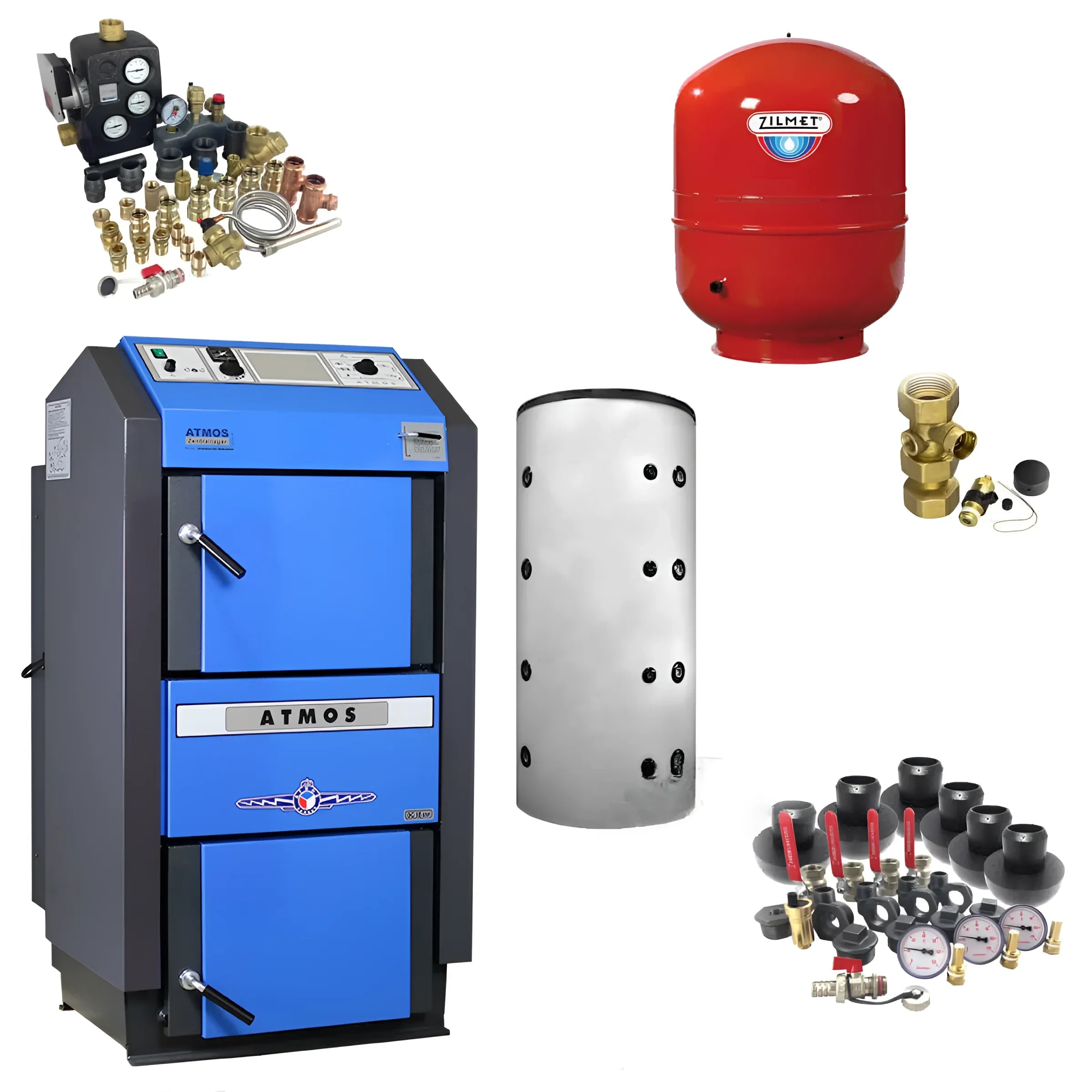 Blaue und graue Holzvergaserheizung atmos dc18gse im komplettpaket atmos mit Pufferspeicher