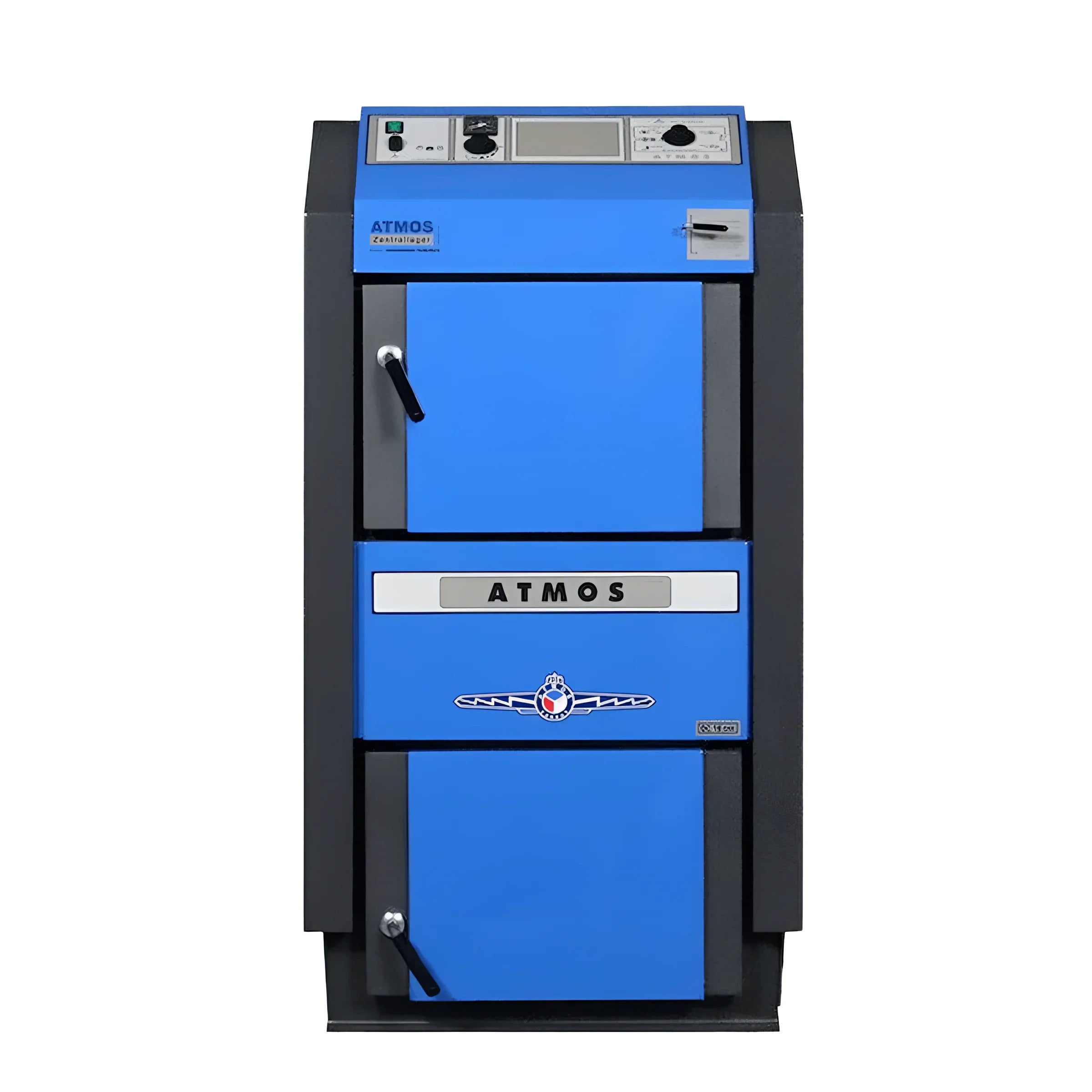 Blauer Holzvergaser Atmos GSE 30 kW Heizkessel mit Touch-Regelung, ideal für nachhaltige Heizlösungen 🌳🔥