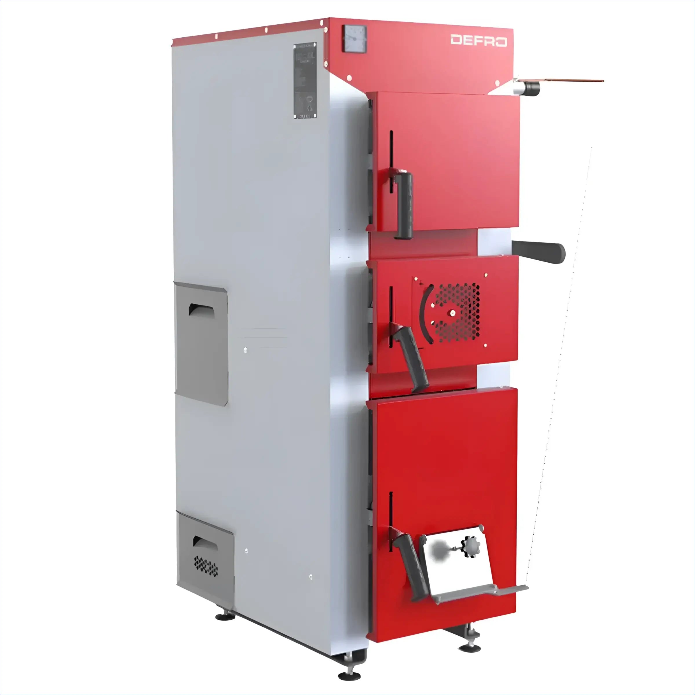 Roter und grauer Festbrennstoffkessel Defro DWS 12 kW für effizientes Heizen mit Holz und Kohle