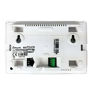 Weiße wandmontierte Steuerungseinheit mit grünem Klemmenblock für Plum ecotouch Raumthermostat