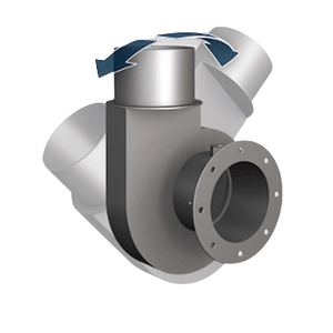 Illustration of a compact valve with arrows indicating flow direction, designed for efficient fluid management.