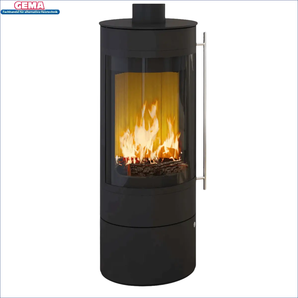 Black cylindrical kaminofen Pular Compact mit patentierte Verbrennungstechnik erlaubt und dibt-Zulassung beantragt