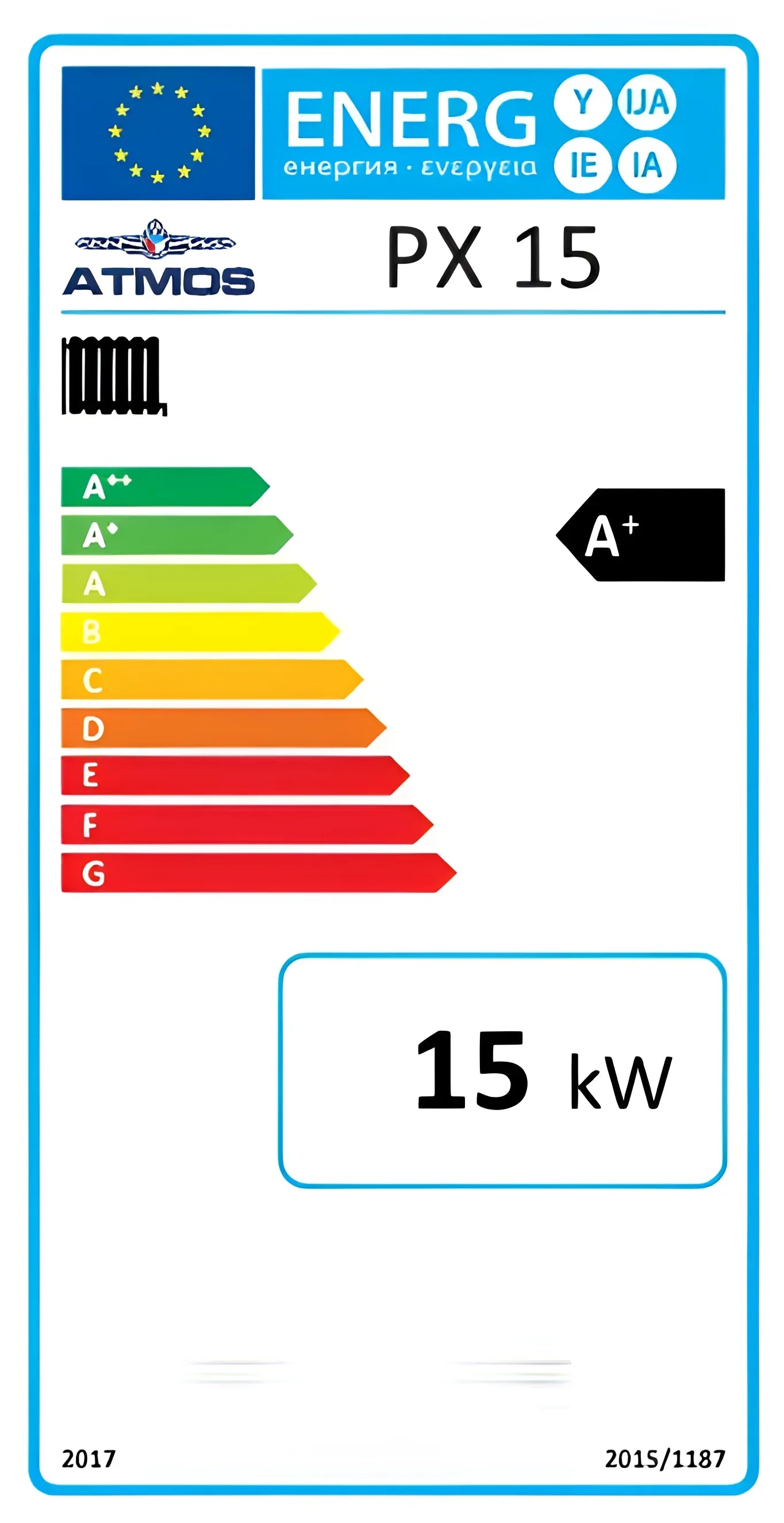Energieeffizienzlabel für Atmos PX 15 Pelletofen: A+ Rating, 15 kW, umweltfreundliche Heizlösung ♻️🔥