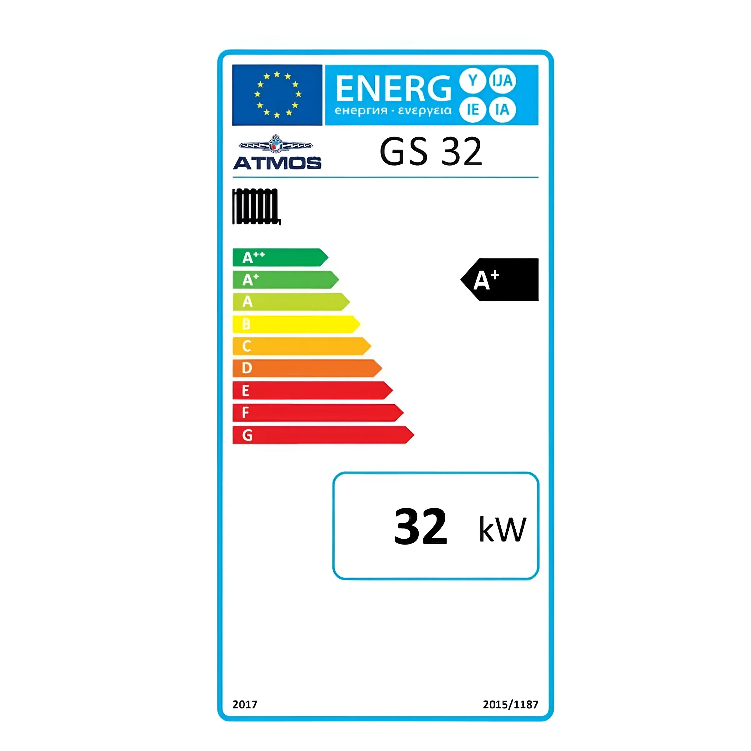 Energieeffizienz-Etikett für Heizkessel Holz Atmos GS 32 mit A+-Bewertung und 32 kW. 🌍🔥💧