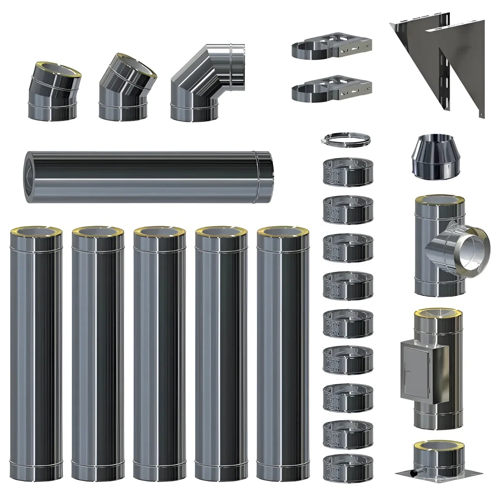 Assorted metal chimney components für Edelstahlschornstein doppelwandig mit verschiedenen Durchmessern