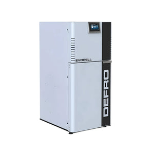 Weiß und schwarzer Pelletkessel EVOPELL von Defro 15 kW, moderne Technologie, komfortable Bedienung