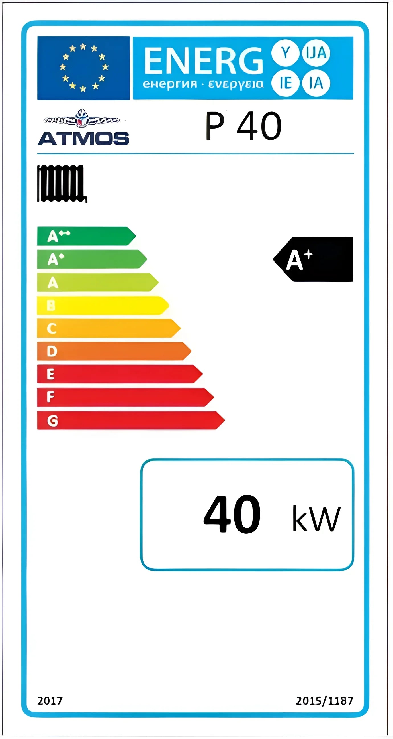 Energieeffizienzlabel für Atmos P40 🎛️, zeigt A+ Bewertung und 40 kW Leistung ⚡.