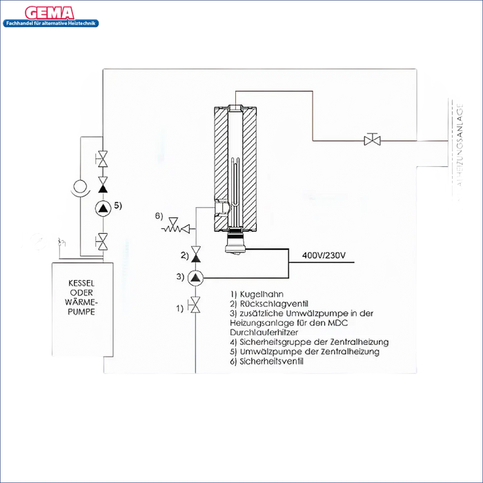 Diagramm des Wassersystems für den Durchlauferhitzer MDC 400P mit 9 kW Elektroheizstab