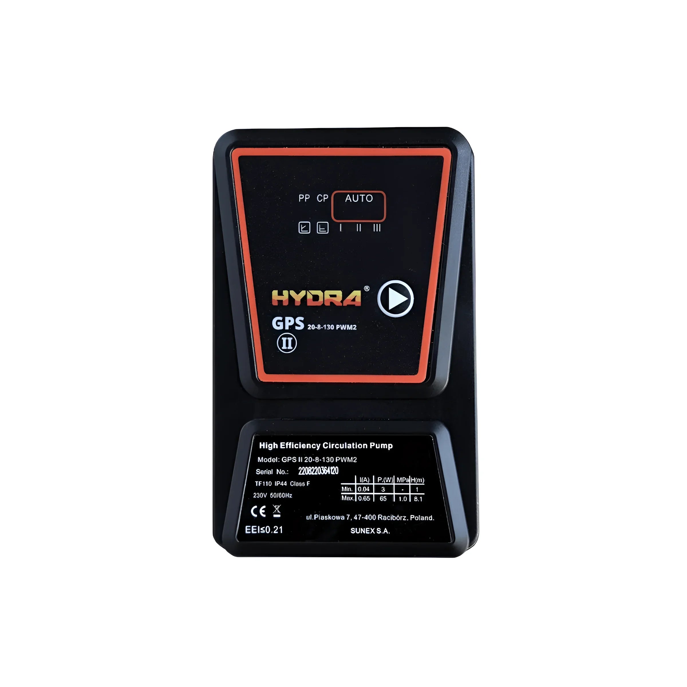 Schwarze Circulationspumpe mit orangefarbenem Rand für Solarpumpe Hydra GPS mit externem PWM Signal