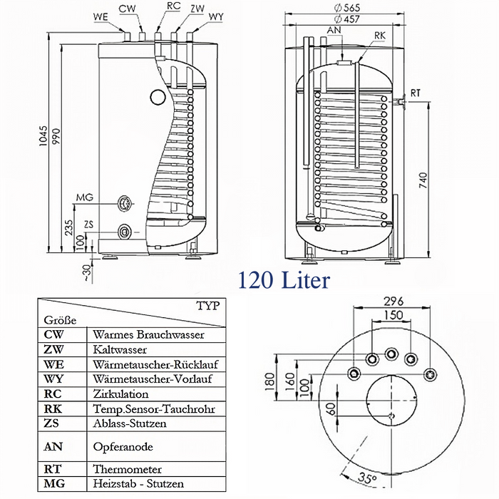 Trinkwasserspeicher 120 Liter mit 2 kW Heizstab