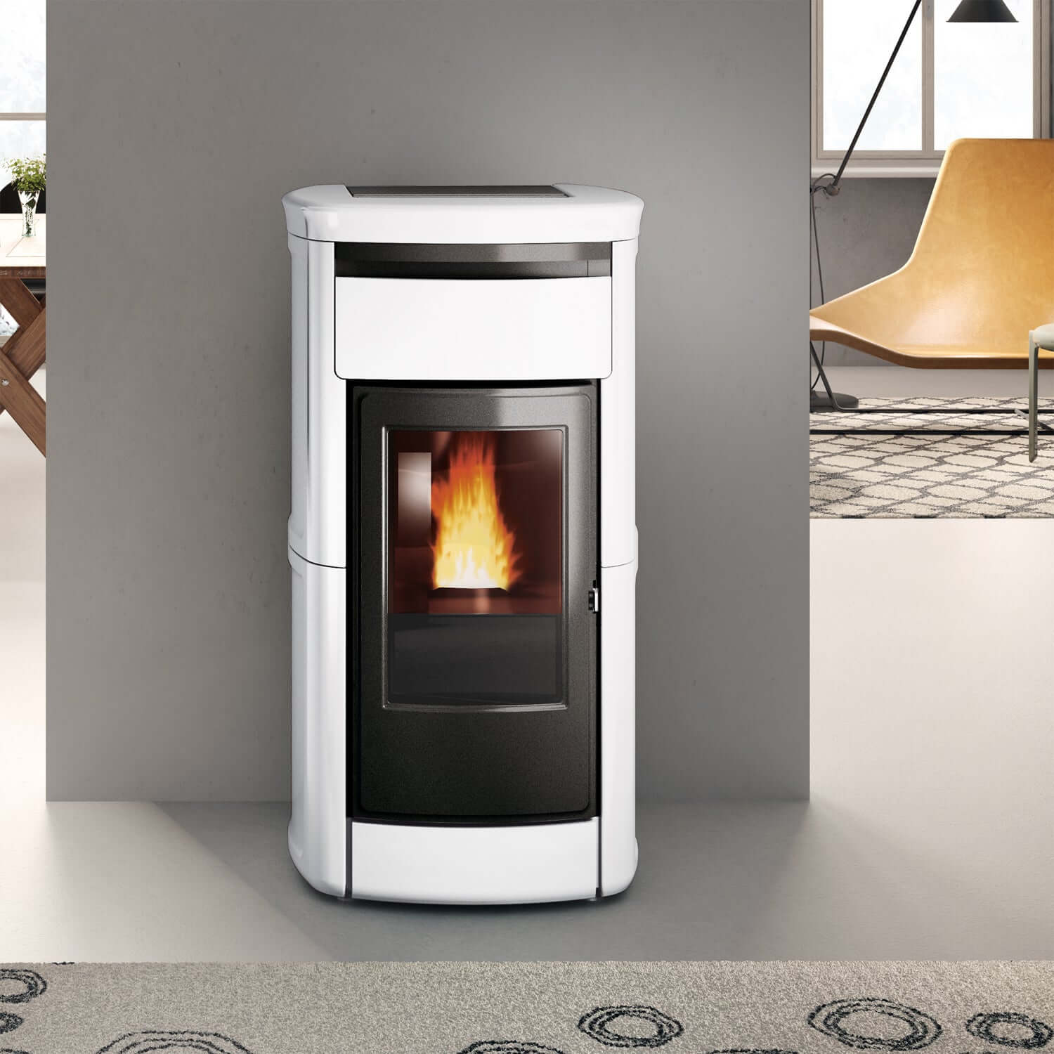 Wasserführender Pelletofen Edilkamin Kira2 H 18 Up in elegantem Design, ideal für effiziente Heizung und stimmungsvolle Atmosphäre. 🔥❄️