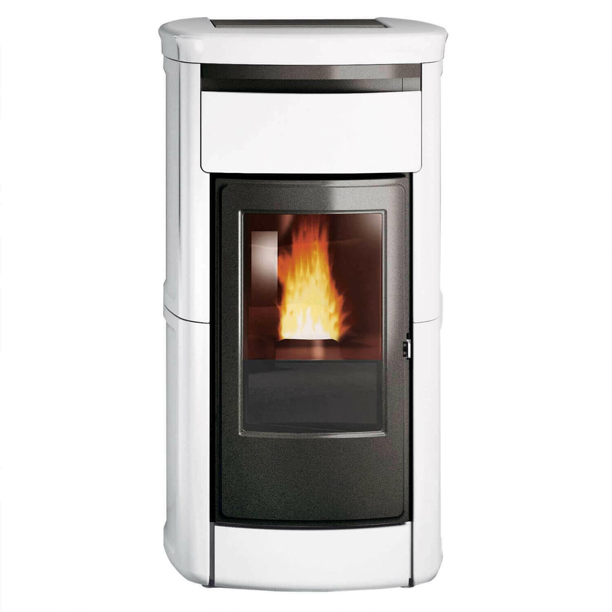 Wasserführende Pelletofen Edilkamin Kira2 H 18 Up mit Keramikverkleidung.