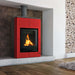 Vario Saporo 🔥 Kaminofen in modernem Design, rotes Gehäuse, mit Holzlager und stilvollem Ambiente.
