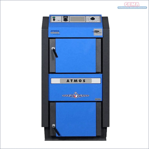 Atmos Atmos Holzvergaser GSE 50 kW Heizkessel mit blauer und grauer Holzvergaserboiler