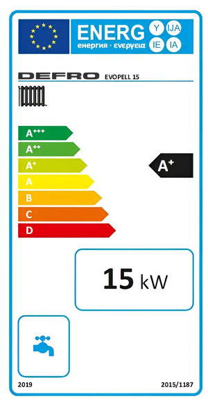 Energieeffizienzlabel auf Pelletekessel EVOPELL von Defro 15 kW, moderne Technologie