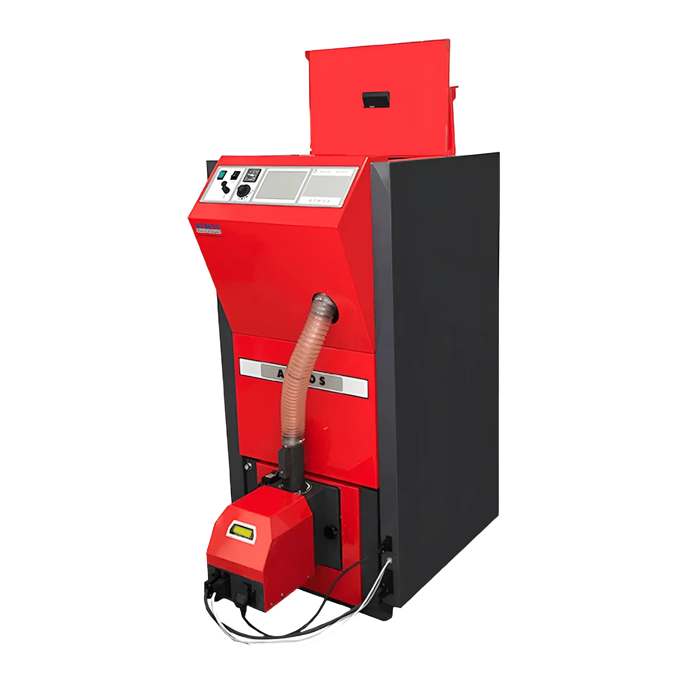Atmos PX Serie Pelletkessel 🔥 effizient ab 15 kW, modernes Heizgerät in Rot und Schwarz.