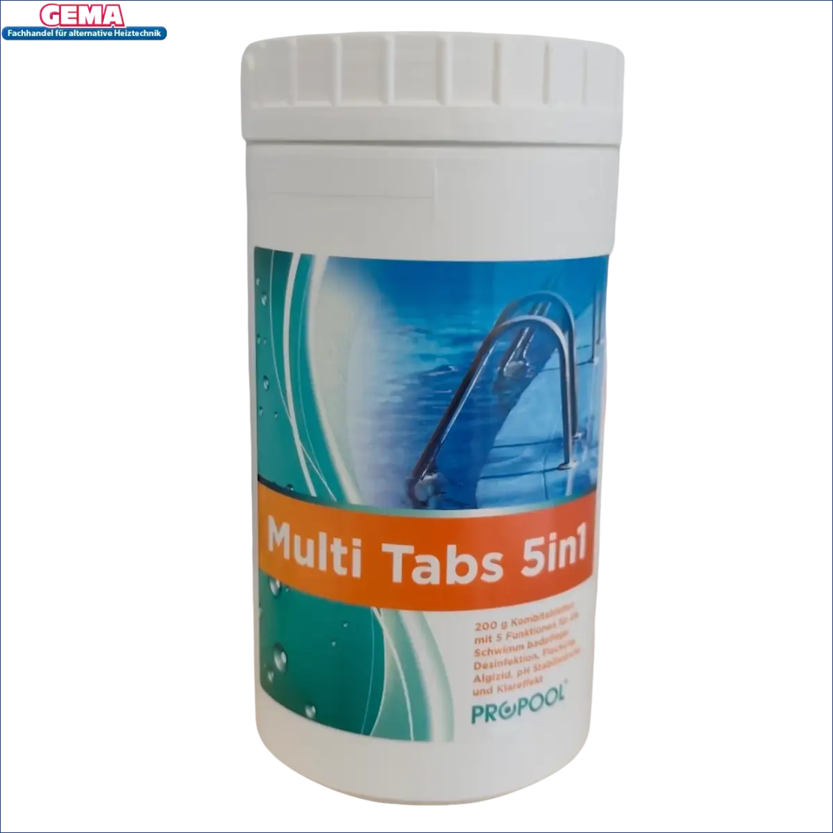 Weiße Behälter mit Pool-Reinigungstabletten für 5-Phasen Pflege inklusive Multi Tabs 200g