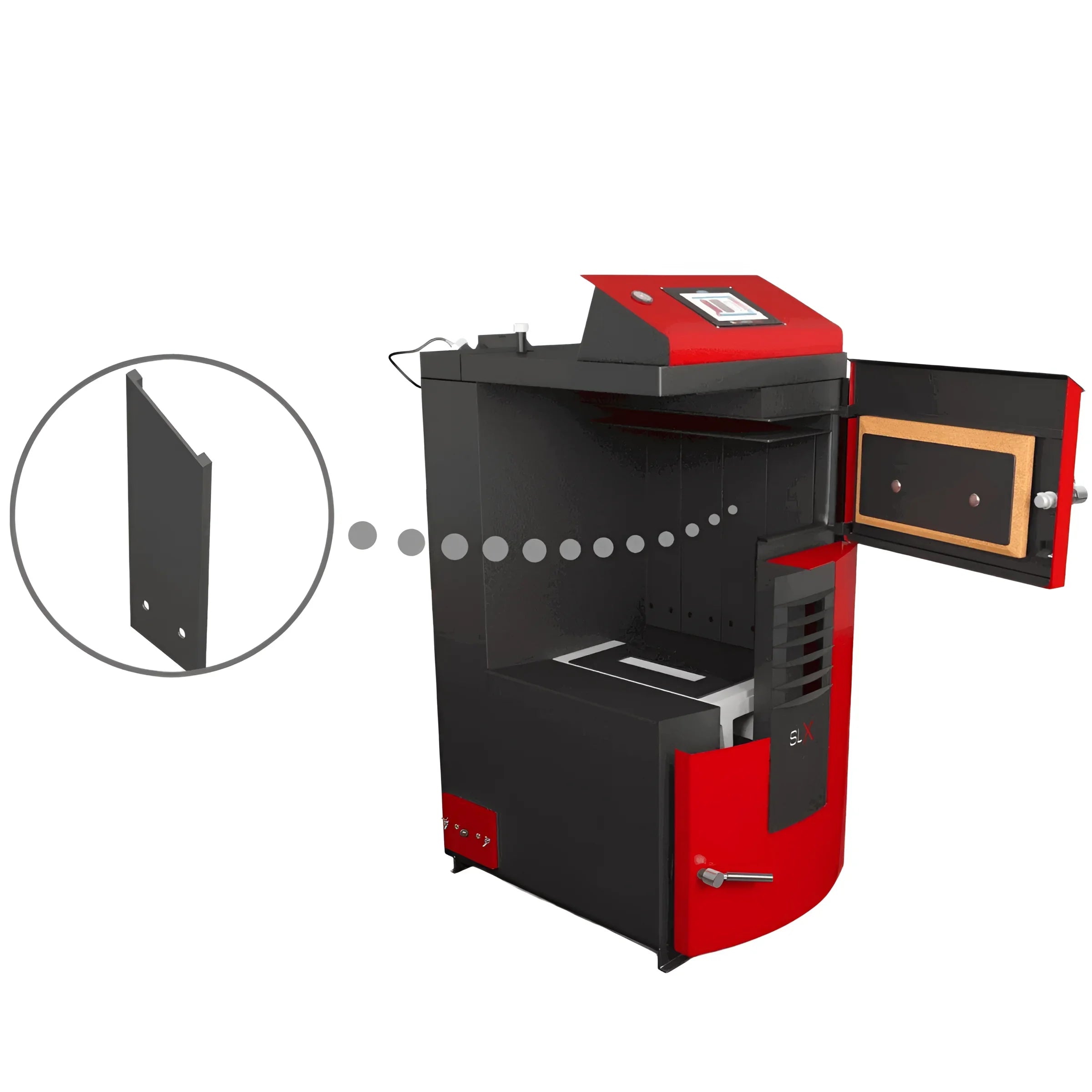 Holzvergaser Attack SLX Lambda Touch 🔥 mit modernem Display und geöffneter Tür zur Effizienzsteigerung.