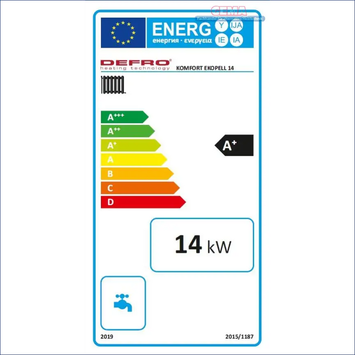Energieeffizienzlabel für das Heizgerät Defro Komfort Ekopell 14 kW Kombikessel
