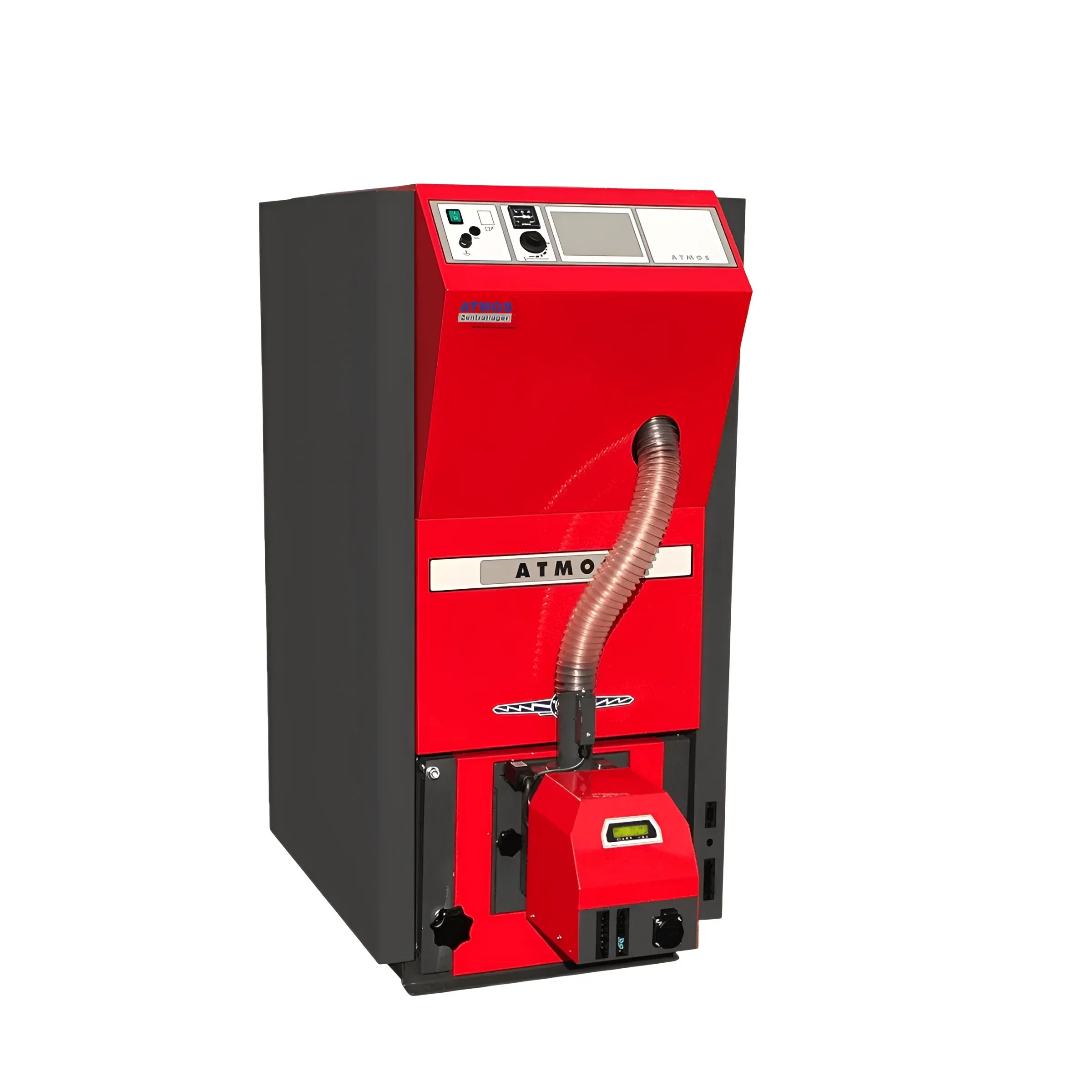 Pelletkessel Atmos PX für effizientes Heizen 🔥, Modell in Rot & Schwarz, förderfähig (ab 15 kW).
