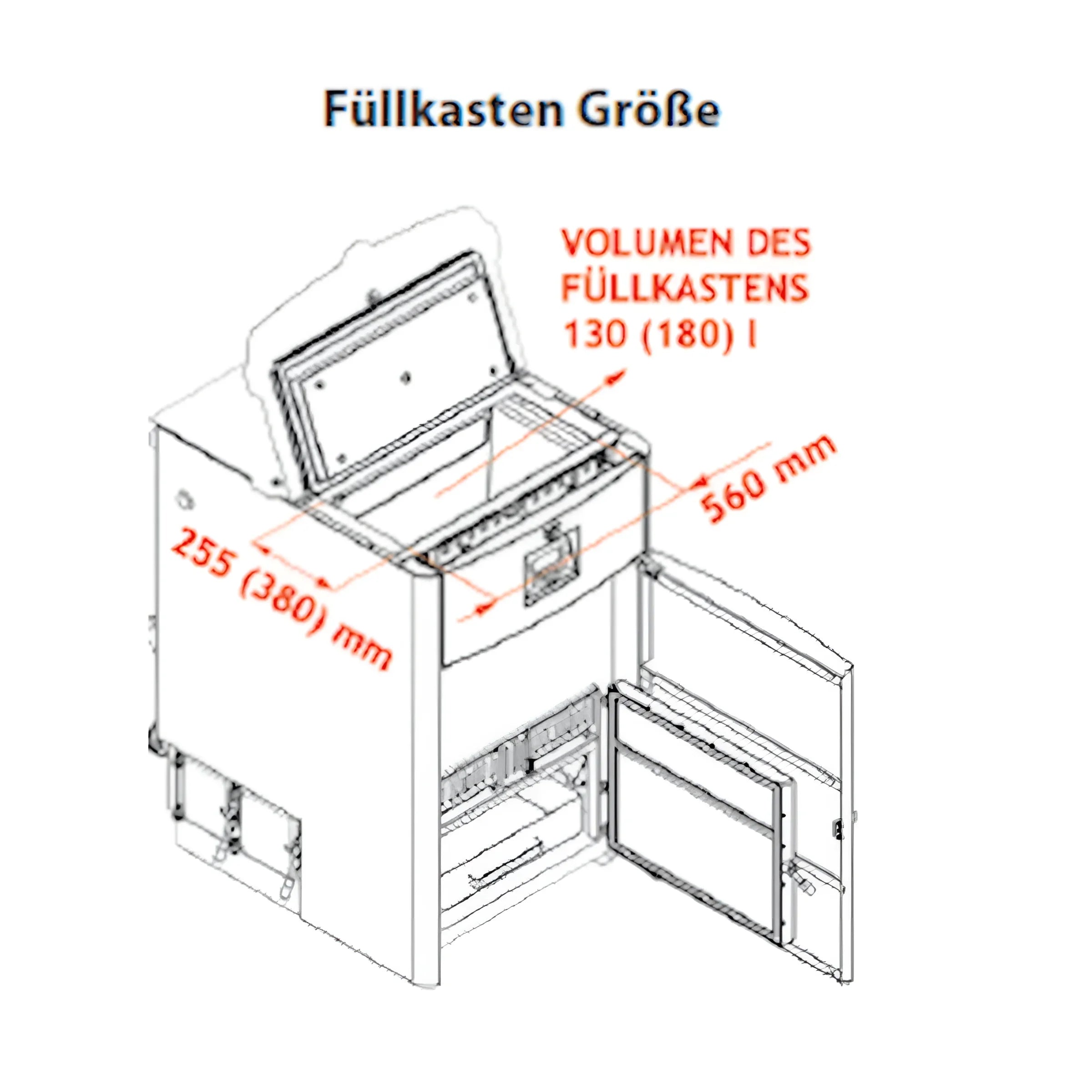Technische Zeichnung eines Lagerraums mit Maßen für Holzvergaser ROJEK PK BIO 60 kW