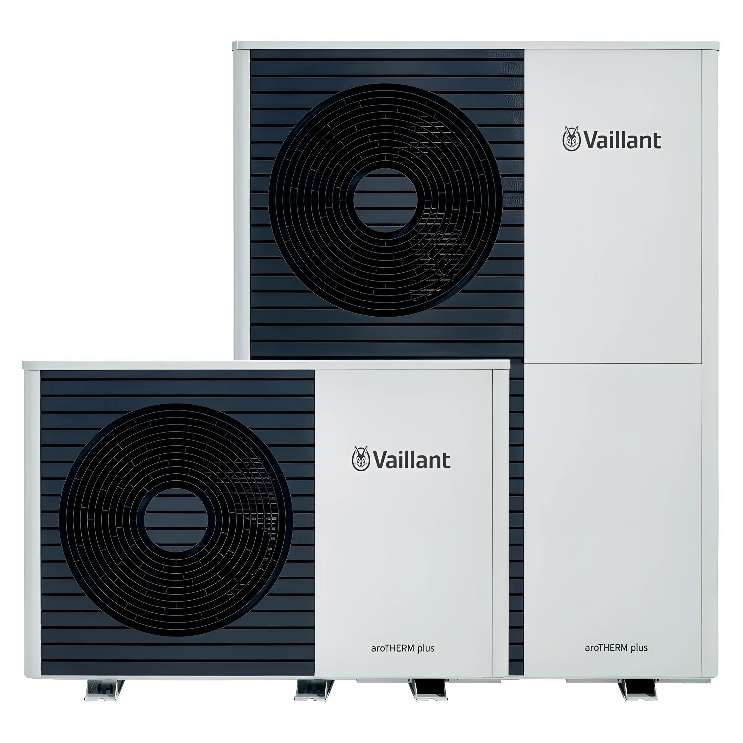 Zwei weiße und schwarze Vaillant Wärmepumpe aroTHERM plus, luft wasser-wärmepumpe mit hoher heizleistung elektr