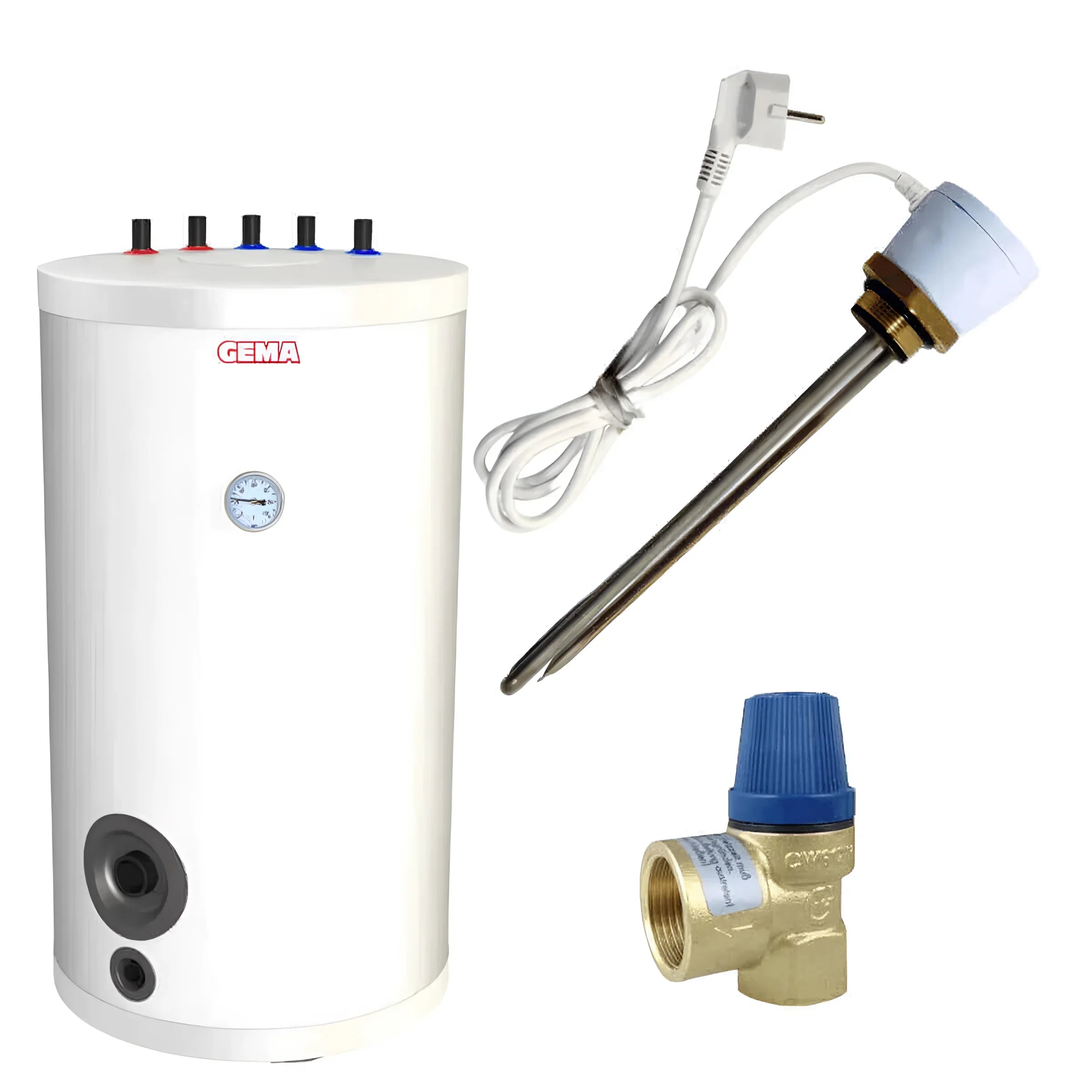 Hot water tank mit Zubehör für sicheren Betrieb, technische Daten und Anschluss Vorlauf