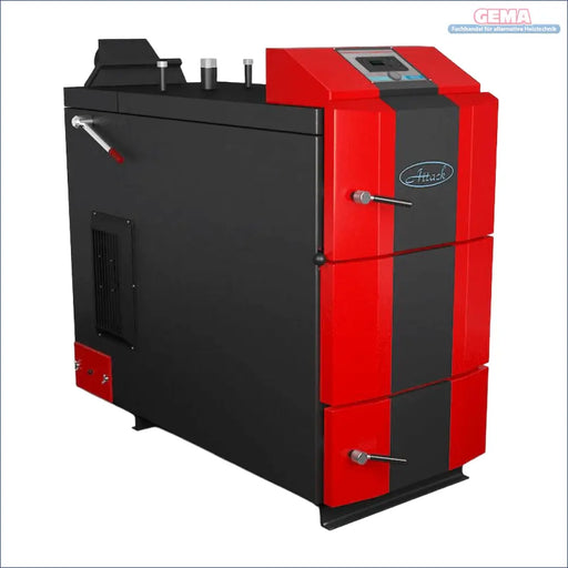 Industriekessel mit 80 kW Holzvergaser und PID-Regelung, roter und schwarzer Heizkessel