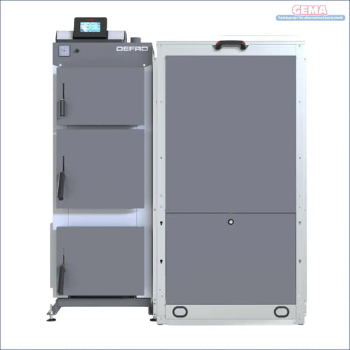Graue und weiße Industrieheizung Pelletekessel Defro Komfort Ekopell 25 kW mit Digitalanzeige