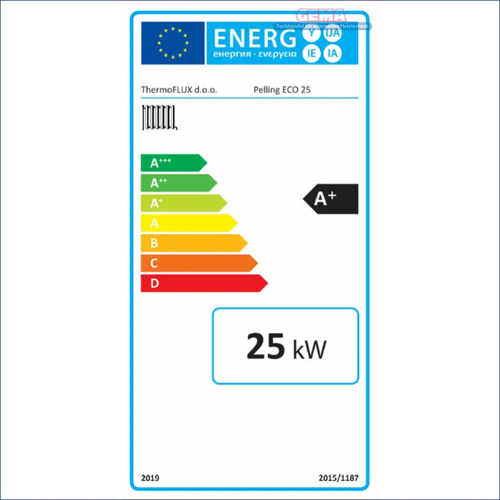 Energieeffizienzlabel auf Pelletkessel Thermoflux Pelling 25 ECO 25 KW für nachhaltige Heizung