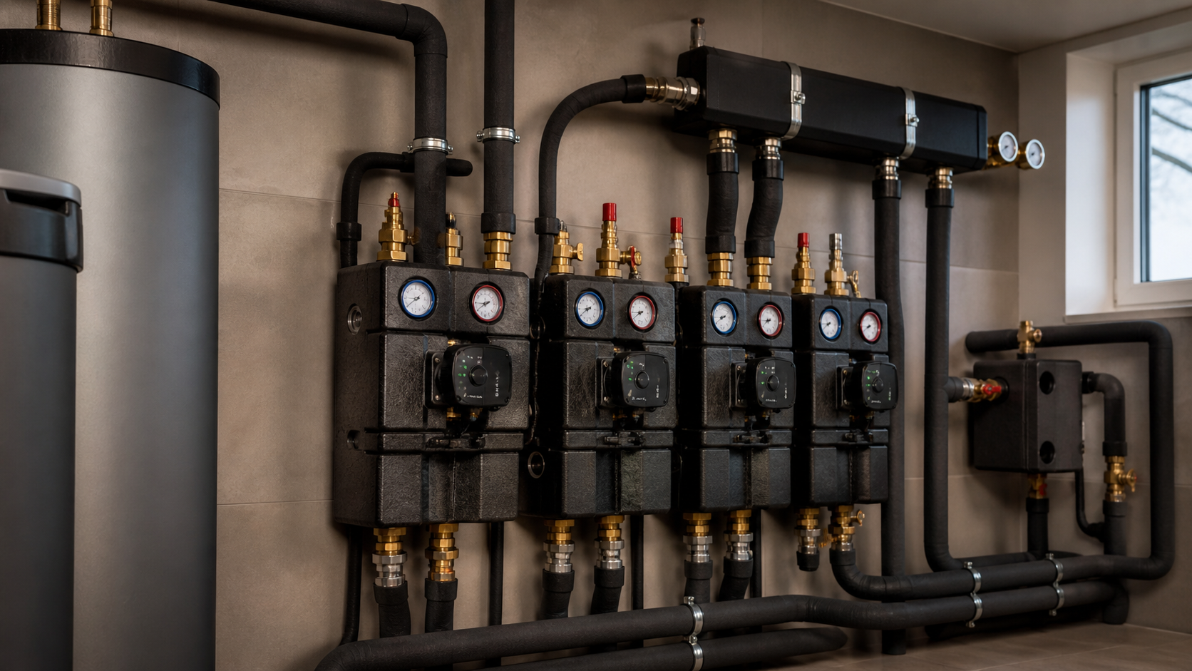 Pumpengruppen im modernen Heizungsraum mit Rohrleitungen, Armaturen und sauberer Installation
