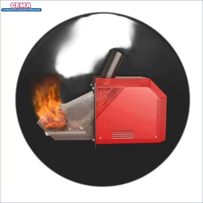 Rotes Pelletskesselsystem mit Flammen und Pufferspeicher, nachhaltige Heiztechnik