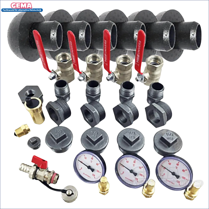 Plumbing manifold mit Ventilen und Fittings für Pelletskesselsystem mit Pufferspeicher
