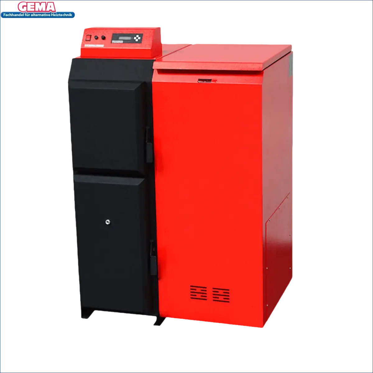 Red and black Thermoflux Pelling 25/230 Pelletkessel mit Hygienespeicher und Liter Anschluss Paket