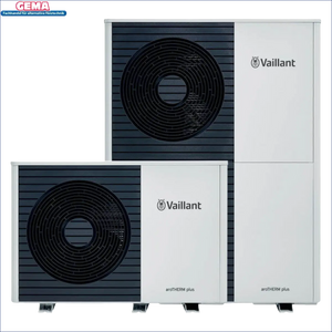 Zwei weiße und schwarze Vaillant Wärmepumpe aroTHERM plus, luft wasser-wärmepumpe mit hoher heizleistung elektr
