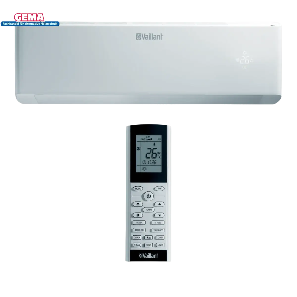 Weißes Vaillant Wärmepumpe plus Klima mit Fernbedienung und arotherm split System